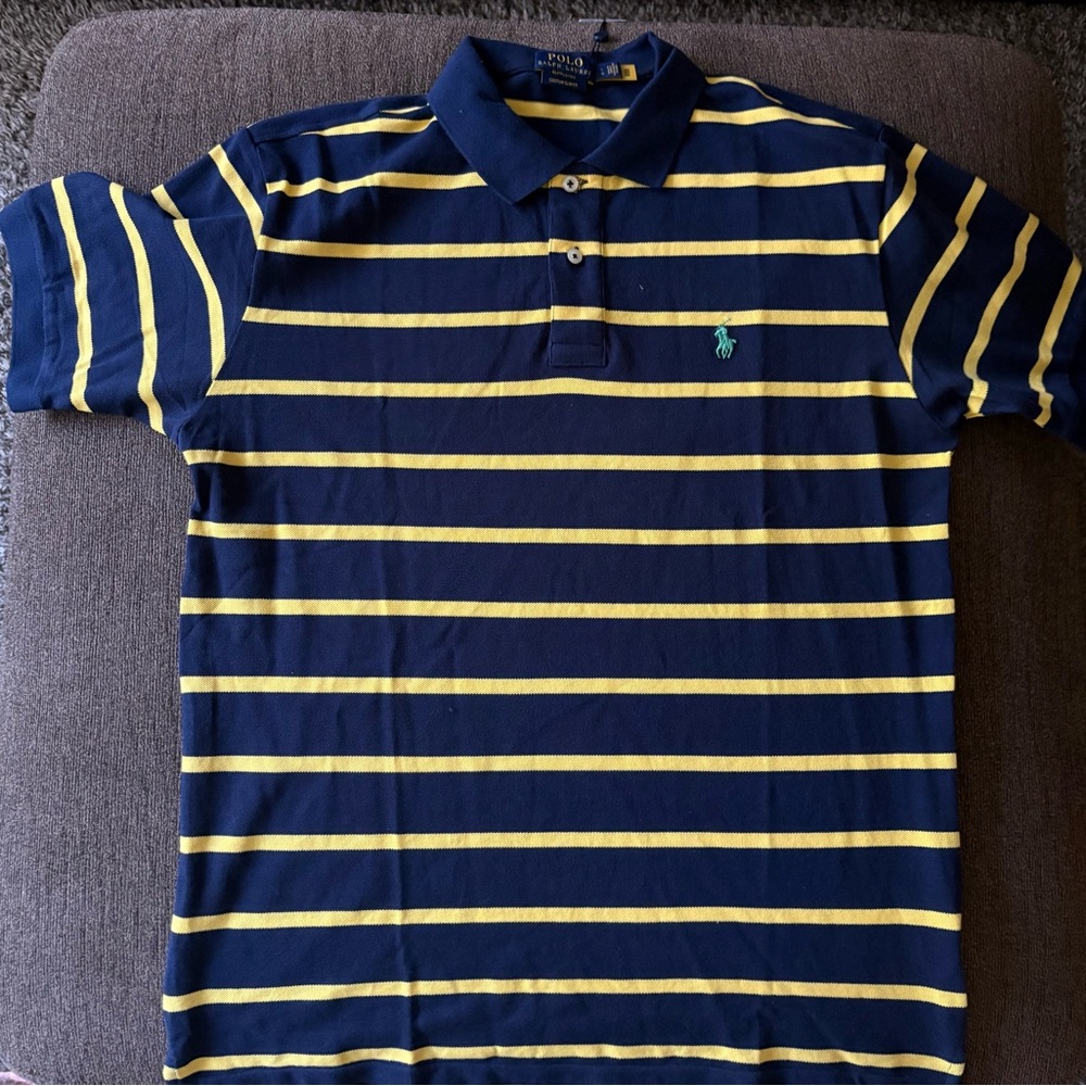 Polo Ralph Lauren Striped Classic Fit Polo Shirt - Navy w/ Yellow - Size: L